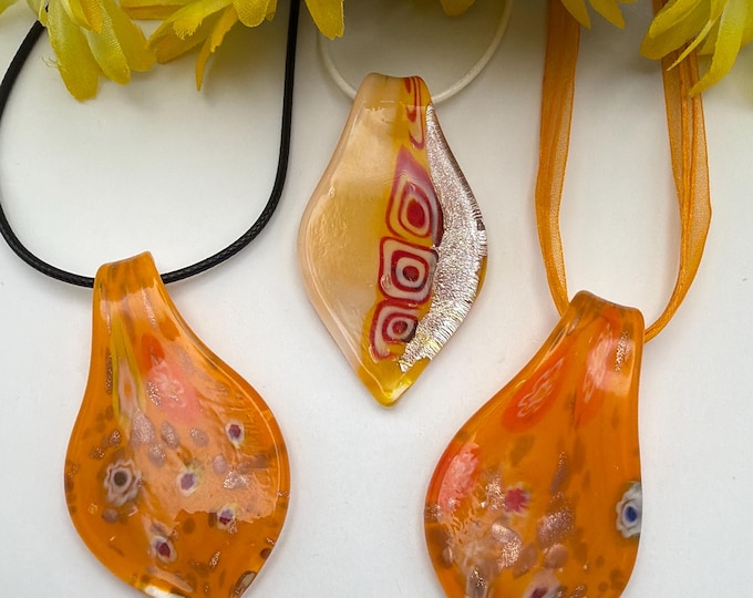 Orange Millefiori Glass Pendant Necklace | Lampwork Glass Pendant