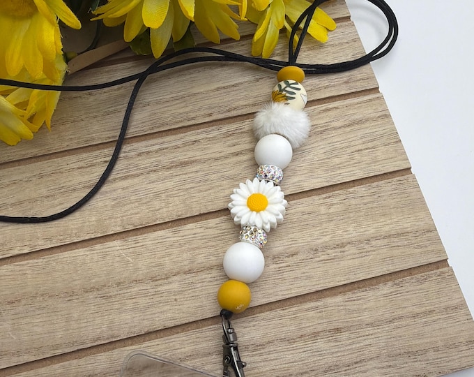 White Daisy Flower Lanyard Silicone Bead Lanyard | Daisy Flower Silicone Bead Lanyard