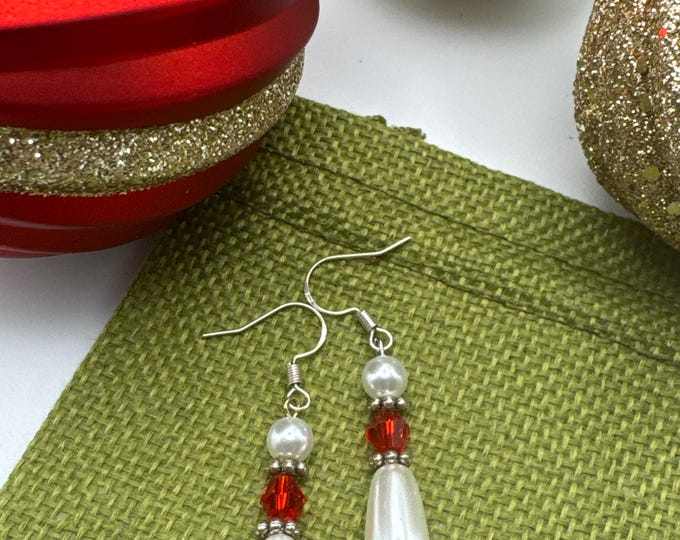 Teardrop Pearl & Red Faceted Bicone Bead Earrings