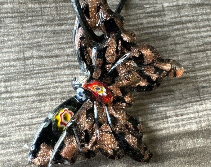 Black/Gold Millefiori Butterfly Pendant | Glass Butterfly Pendant Necklace