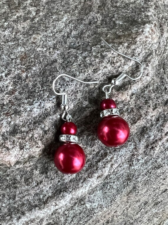 Red Pearl and Rhinestone Earrings