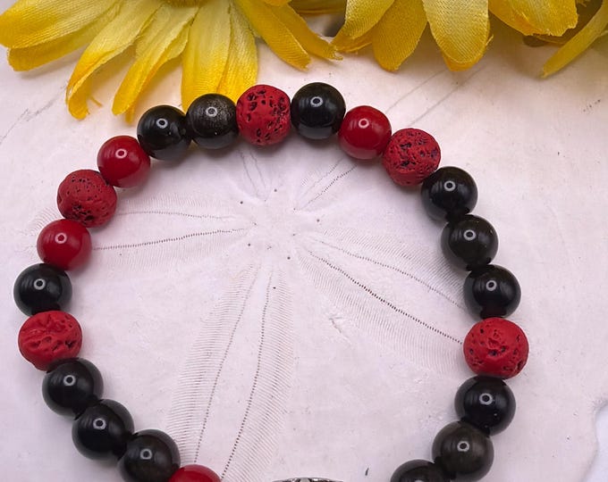 Red Lava & Black Bead Stretch Bracelet  | Beaded Bracelet | Morse code -Badass | Message in a bracelet | Quote Bracelet