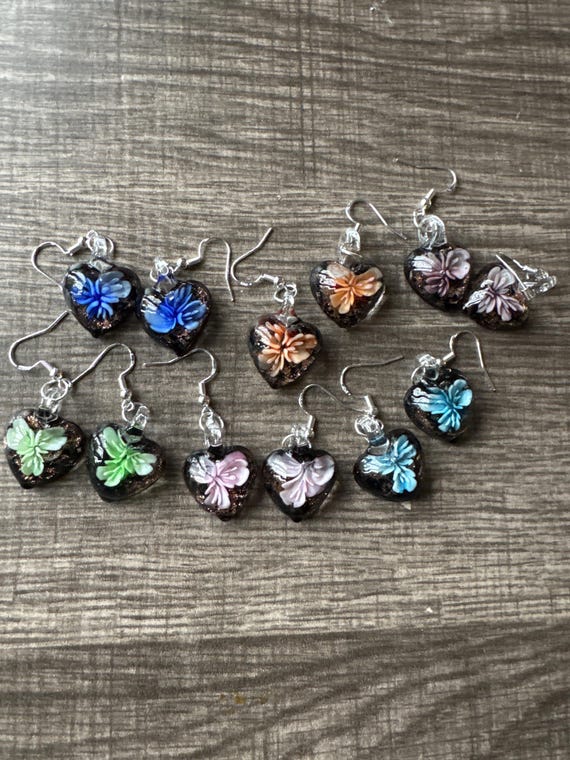 Flower Heart Earrings | Murano Glass Earrings | Colorful Flower Earrings