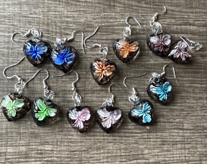 Flower Heart Earrings | Murano Glass Earrings | Colorful Flower Earrings