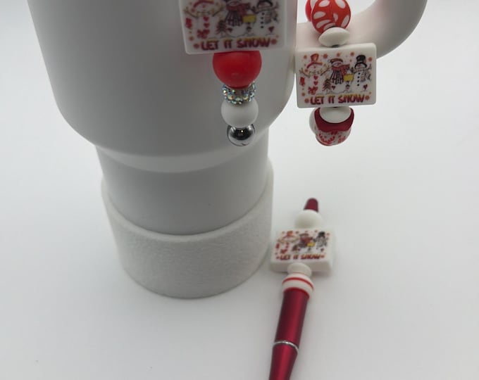 Let It Snow Tumbler Set | Stanley Cup Accessories | Cup Handle Bracelet | Let it Snow Straw Charm | Let it Snow Handle Bracelet | Pen