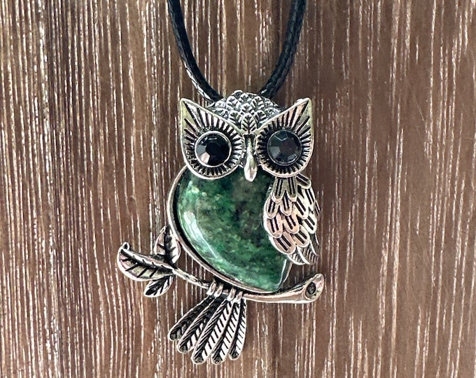 Green Jasper Stone Owl Pendant Necklace | Owl Necklace