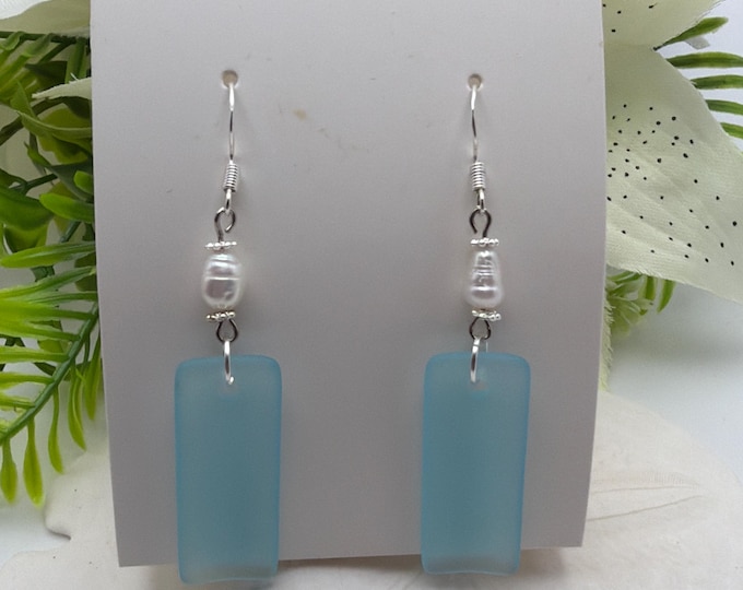 Turquoise Blue Seaglass Earrings | Freshwater Pearl Earrings | Seaglass Earrings
