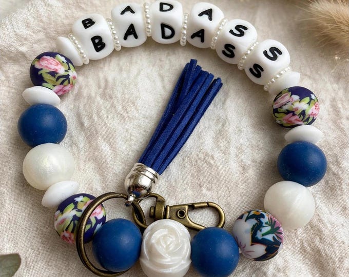BADASS Silicone Bead Wristlet Keychain – Navy Blue Floral Key Ring, Gift for Her