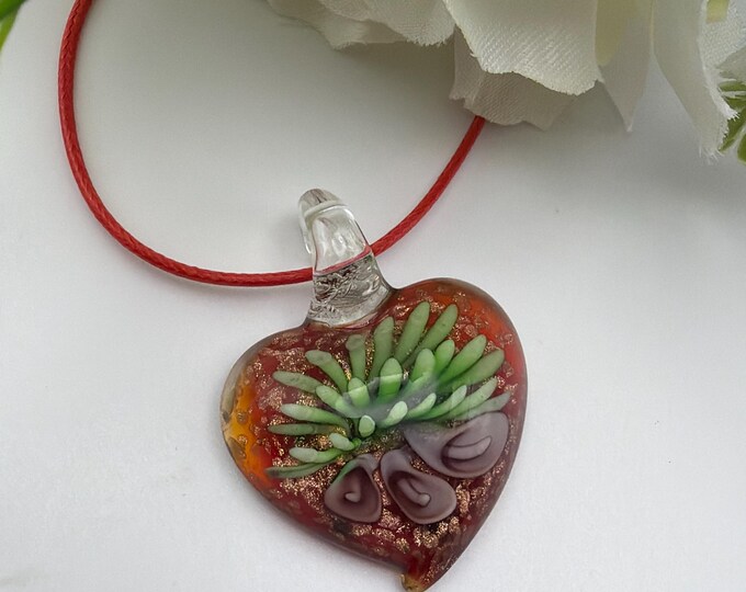 Heart Lampwork Pendant Necklace | Flower Heart Pendant Necklace