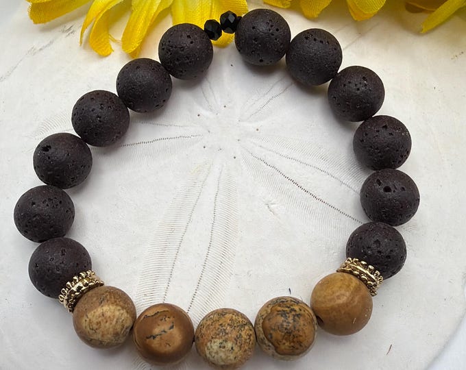 Brown Stone & Lava Bead Stretch Bracelet | Beaded Bracelet