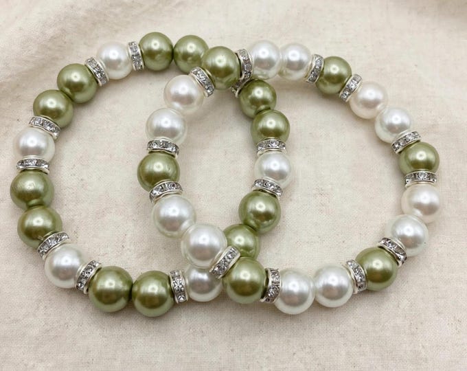 Pearl Bracelet – Olive Green & White Pearl Stretch Bracelet with Rhinestone Spacers