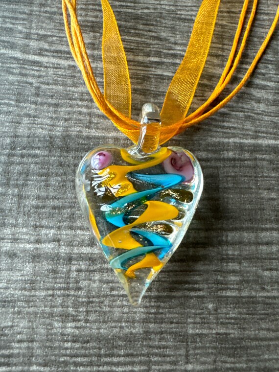 Orange/Blue Heart Pendant | Murano Glass Heart | Swirl Heart Pendant Necklace