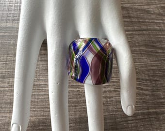 Blue/White/Purple Murano Glass Lamp-Work Ring / Size 8 1/2