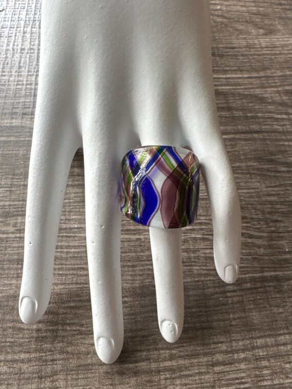 Blue/White/Purple Murano Glass Lamp-Work Ring / Size 8 1/2