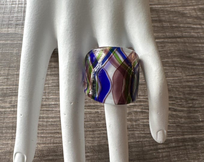 Blue/White/Purple Murano Glass Lamp-Work Ring / Size 8 1/2