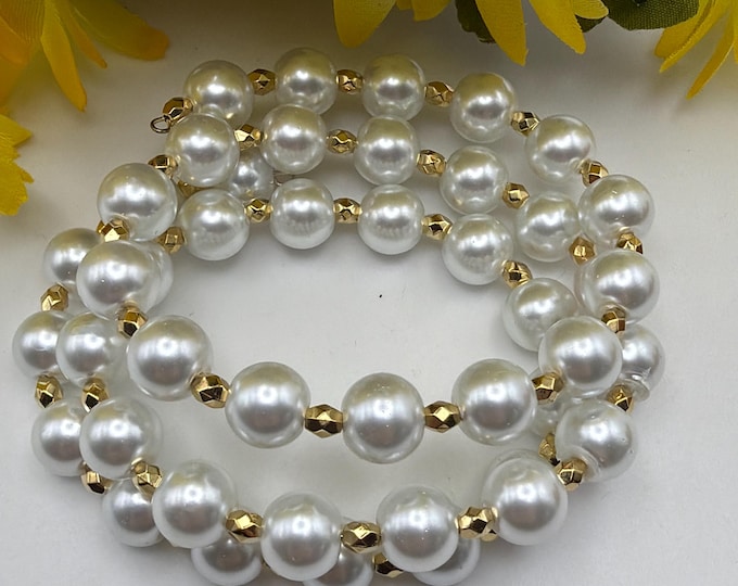 White Pearl Bracelet Memory Wire Bracelet | Beaded Memory Wire | Memory Wire Bracelet | Wrap Bracelet | Pearl Bracelet