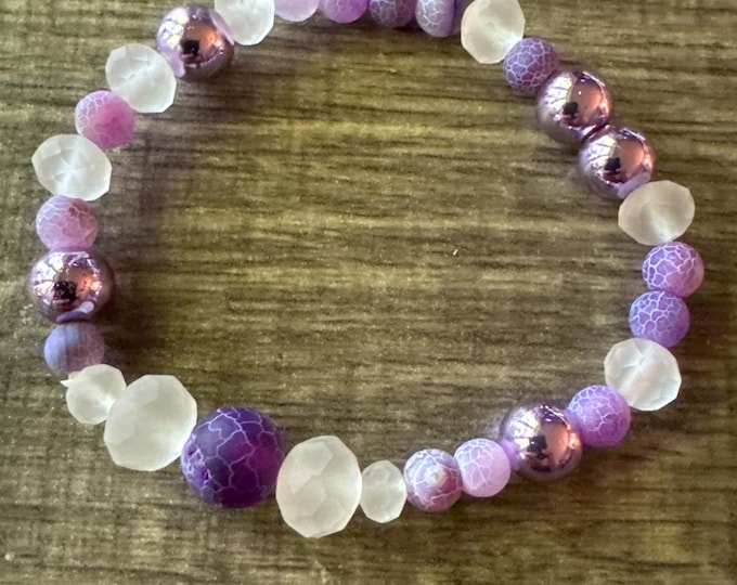 Purple Dragon Crackled Agate Stretch Bracelet | Beaded Bracelet | Morse Code Bracelet - Fighter | Message in a Bracelet  | Quote Bracelet