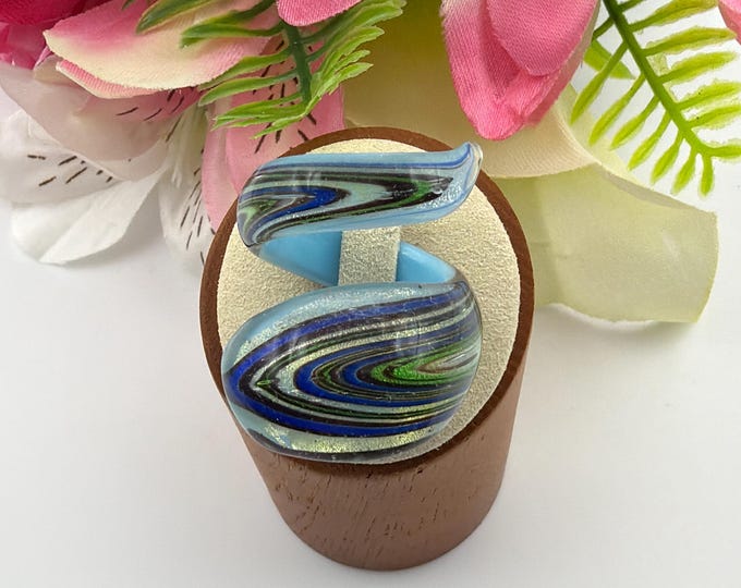 Size 10 - Blue/Green Wrap Glass Ring | Lampwork Glass Ring | Murano Glass Inspired Glass Ring
