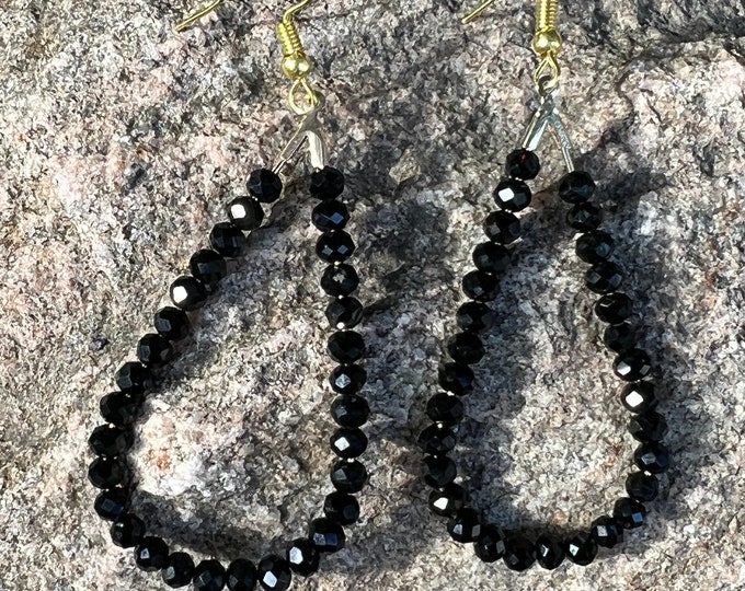 Black Faceted Bead Teardrop Hoop Earrings | Teardrop Earrings