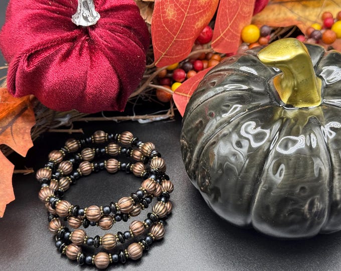 Copper Pumpkin & Black Black Bead Memory Wire Bracelet