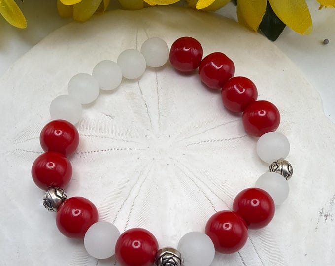 Red Coral and Moonstone Stretch bracelet | Beaded bracelet | Morse Code - Faith | Message in a Bracelet | Quote Bracelet
