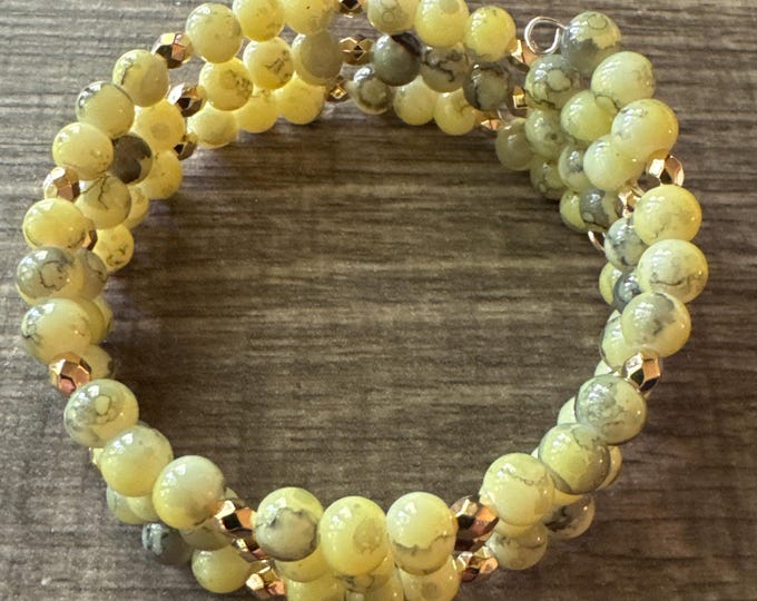 Yellow Bead Memory Wire Bracelet | Beaded Bracelet