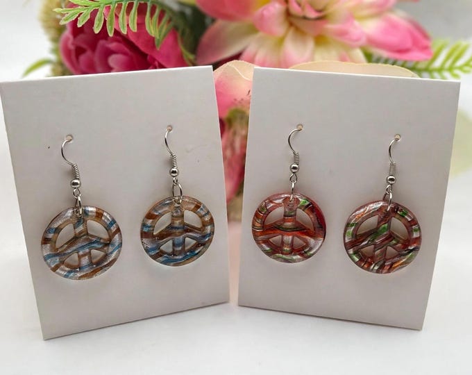 Lampwork Glass Peace Sign Earrings – Swirled Glass Dangle Earrings, Brown Blue or Red Green, Boho Hippie Jewelry