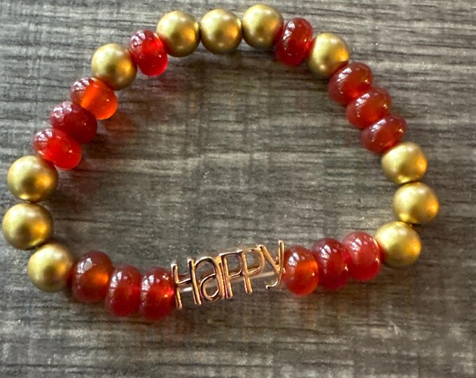 Carnelian Gemstone Stretch Bracelet | Gold Happy Charm bracelet | Stretch bracelet | Beaded Bracelet