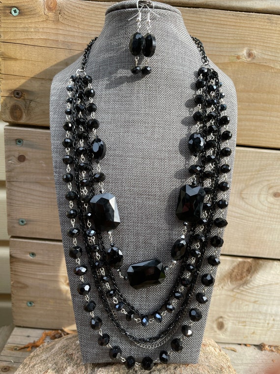 Multi-Strand Black Faceted Beads - Statement Necklace with Matching Earrings