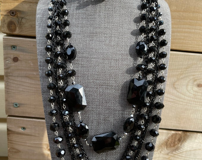 Multi-Strand Black Faceted Beads - Statement Necklace with Matching Earrings