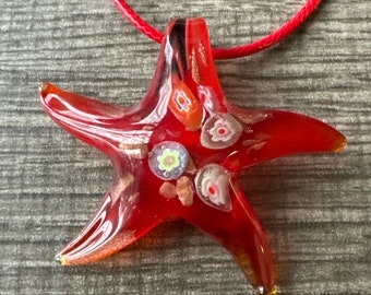 Red Millefiori Starfish Pendant | Lampwork Glass Starfish | Starfish Pendant Necklace