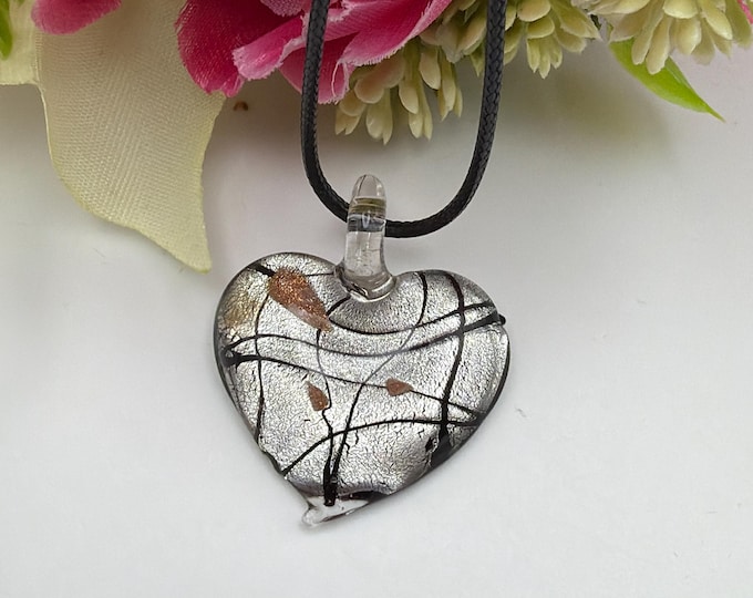 Silver/Black Heart Lampwork Pendant | Lampwork Flower Heart Pendant Necklace