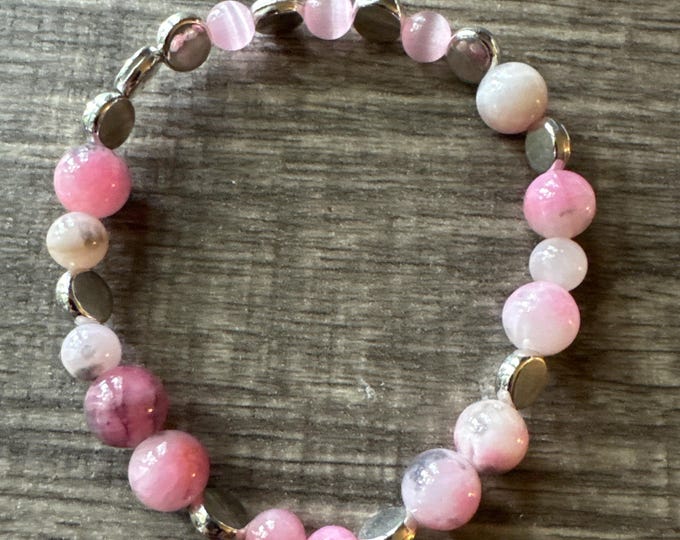 Pink Jade and Cats eye | Stretch Bracelet | Beaded bracelet | Morse Code - Admire  | Message in a Bracelet  | Quote Bracelet |