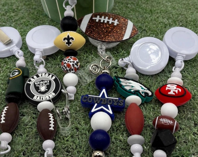 Football Badge Reel – Beaded Retractable Badge Holder, Sports Nurse Badge Reel, Game Day Gift