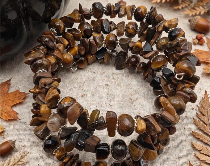 Tiger's Eye Chip Memory Wire Bracelet – Brown Gemstone Wrap Bracelet, Fall Jewelry, Healing Gift