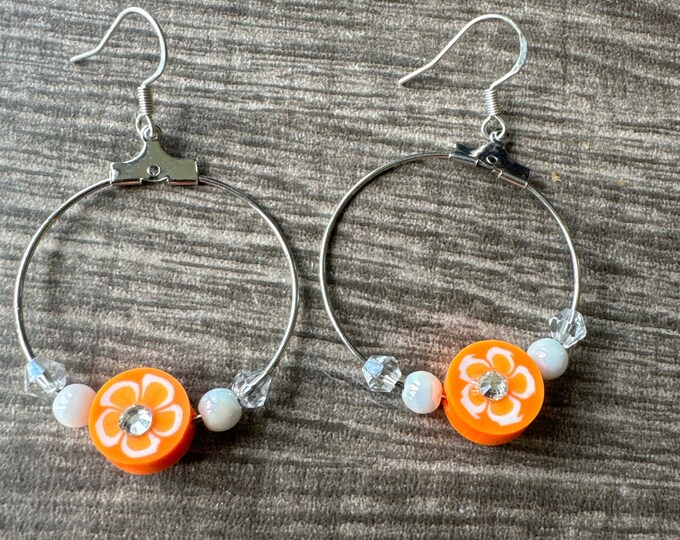 Orange Flower Hoop Earrings | Flower Hoop Earrings