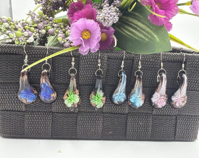 Flower Drop Earrings | Murano Inspired Glass Earrings | Colorful Flower Earrings