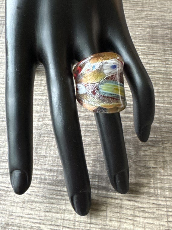 Red/Gold ColorThick Band Millefiori Flower Statement Glass Ring
