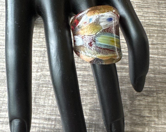 Red/Gold ColorThick Band Millefiori Flower Statement Glass Ring