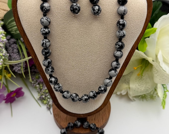 Snowflake Obsidian Jewelry Set (3pc) | Snowflake Obsidian Gemstone Necklace | Snowflake Obsidian Earrings | Snowflake Obsidian Bracelet
