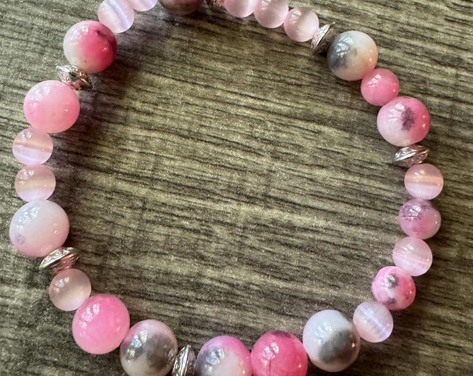 Pink Jade Gemstone bracelet | Stretch Bracelet | Beaded bracelet | Morse code - Support | Message in a Bracelet | Quote Bracelet