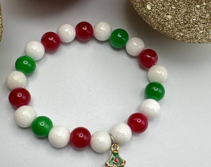 Christmas Tree Charm Bracelet: Red, White & Green Glass Beads