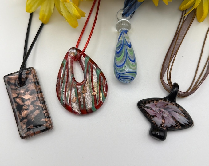 Lampwork Glass Pendants | Black Rectangle Pendant | Teardrop Pendant | Blue Drop Pendant | Pink Flower Pendant Necklace