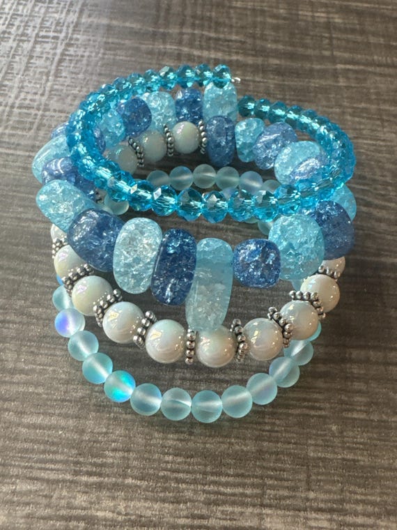 Blue Crackle Bead Multi Strand Bracelet