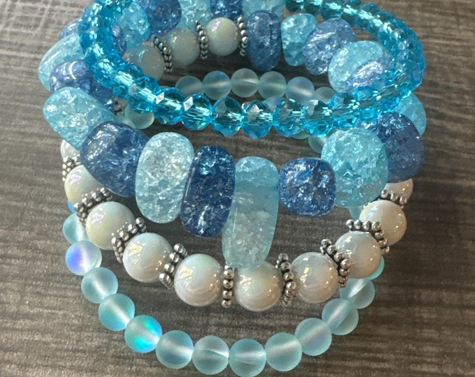 Blue Crackle Bead Multi Strand Bracelet