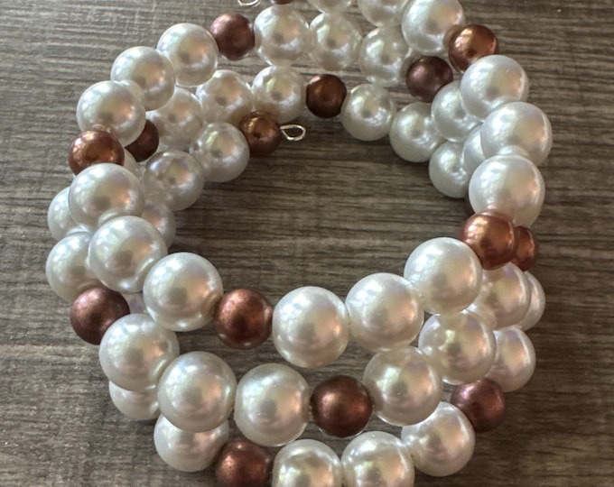 White & Copper Color Pearl Memory Wire Bracelet | Vintage Accent Beads Bracelet