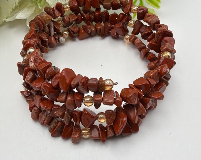 Goldstone & Jasper Chip Bead Memory Wire Bracelet | Memory Wire Bracelet