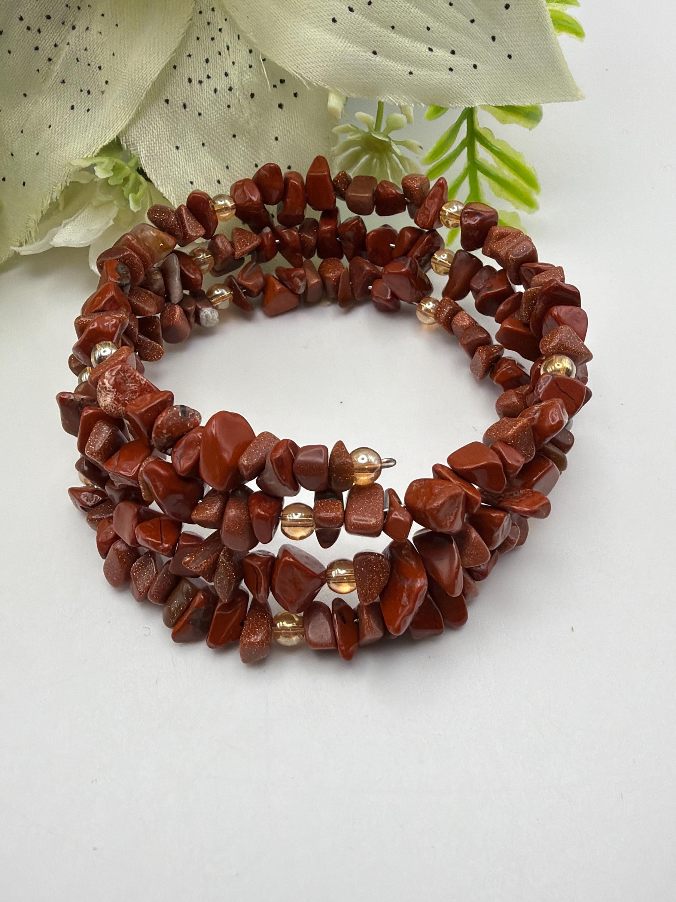 Goldstone & Jasper Chip Bead Memory Wire Bracelet | Memory Wire