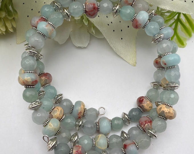 Blue Shoshan Bead Memory Wire Bracelet | Wrap Bracelet | Blue Tortoise Shell Bead Memory Wire Bracelet