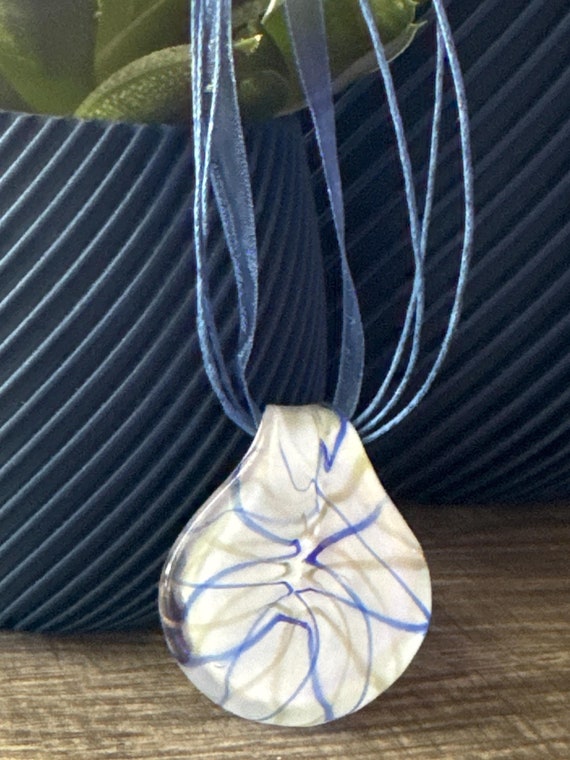 White/Blue/Gold Clam Shell Pendant | Glass Clamshell Pendant Necklace